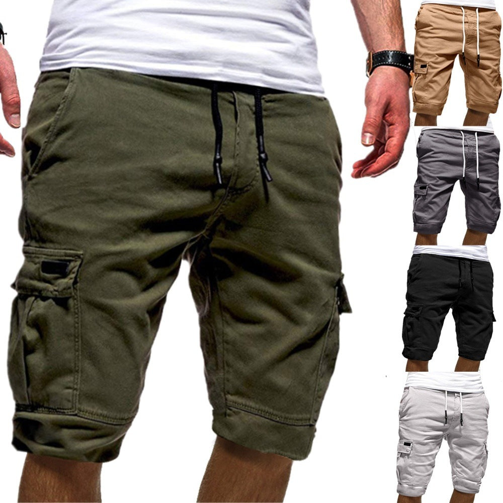 Green cargo shorts with a white shirt worn by a person, with additional color options displayed.