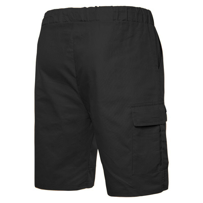 Black cargo shorts on a white background