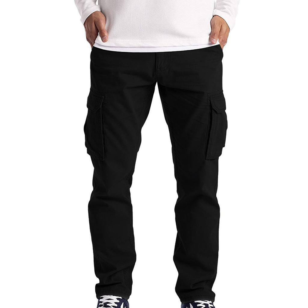 Black cargo pants worn by a person on a white background