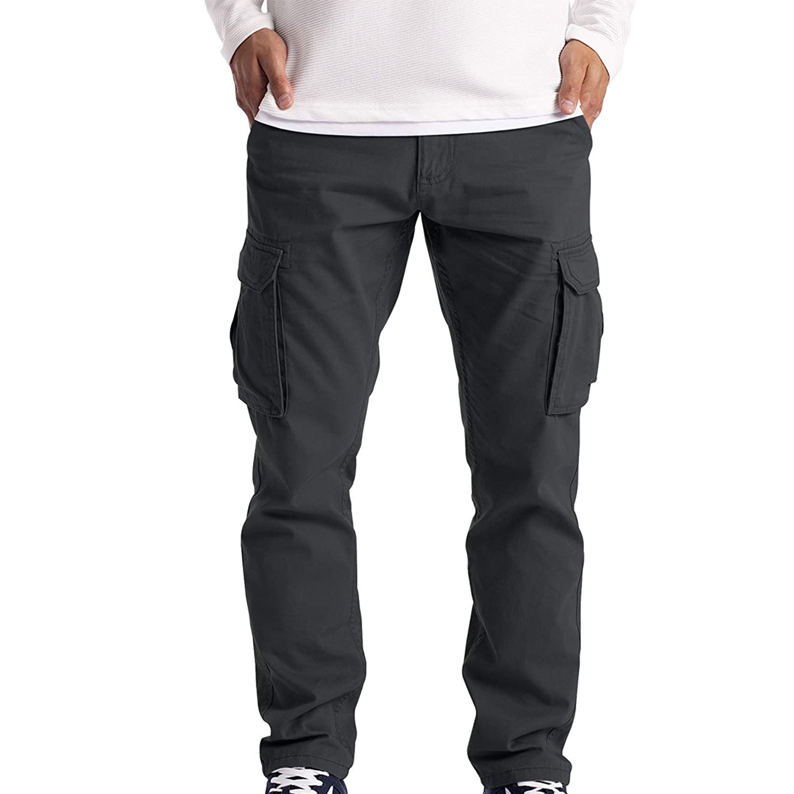 Black cargo pants worn by a person on a white background
