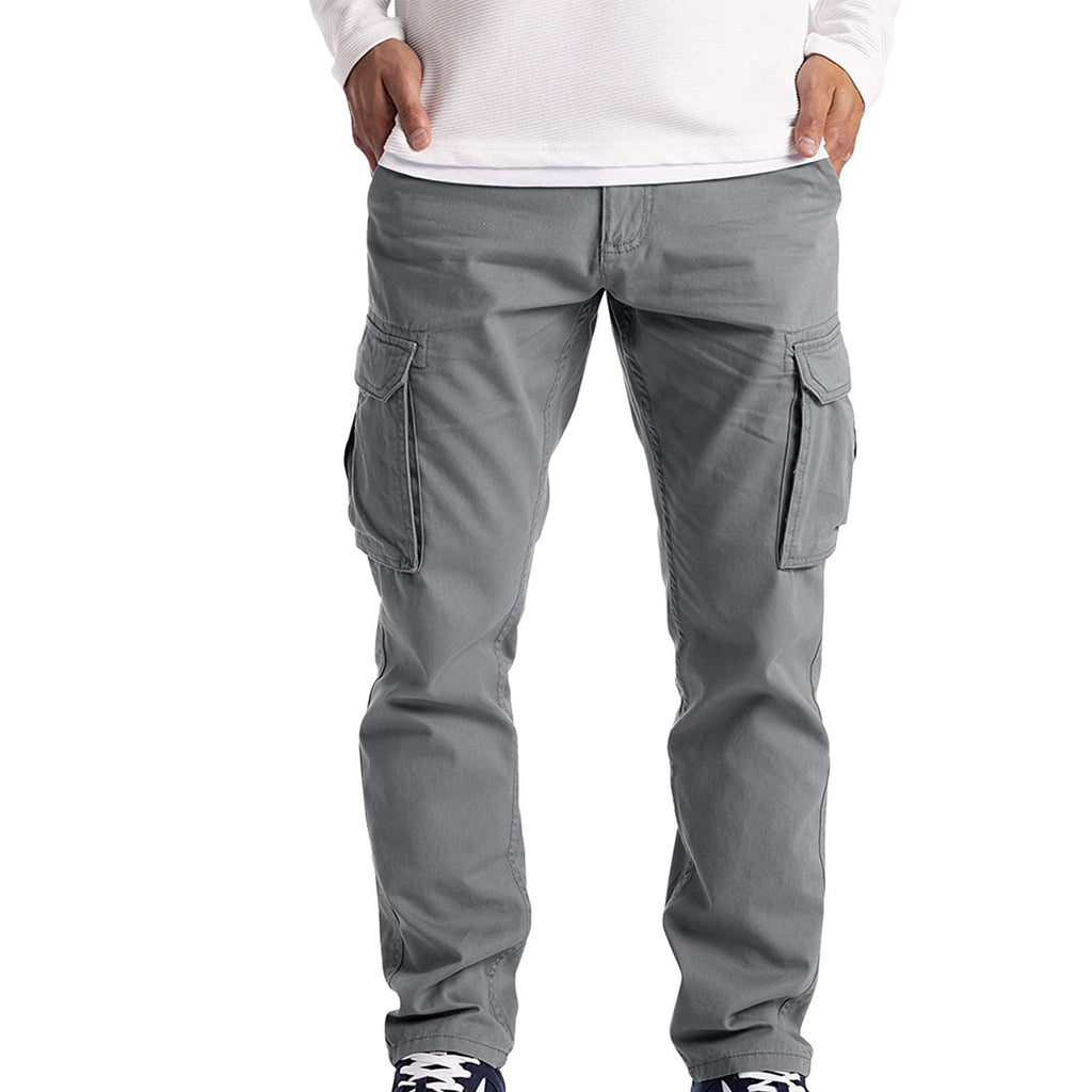 Gray cargo pants worn by a person on a white background