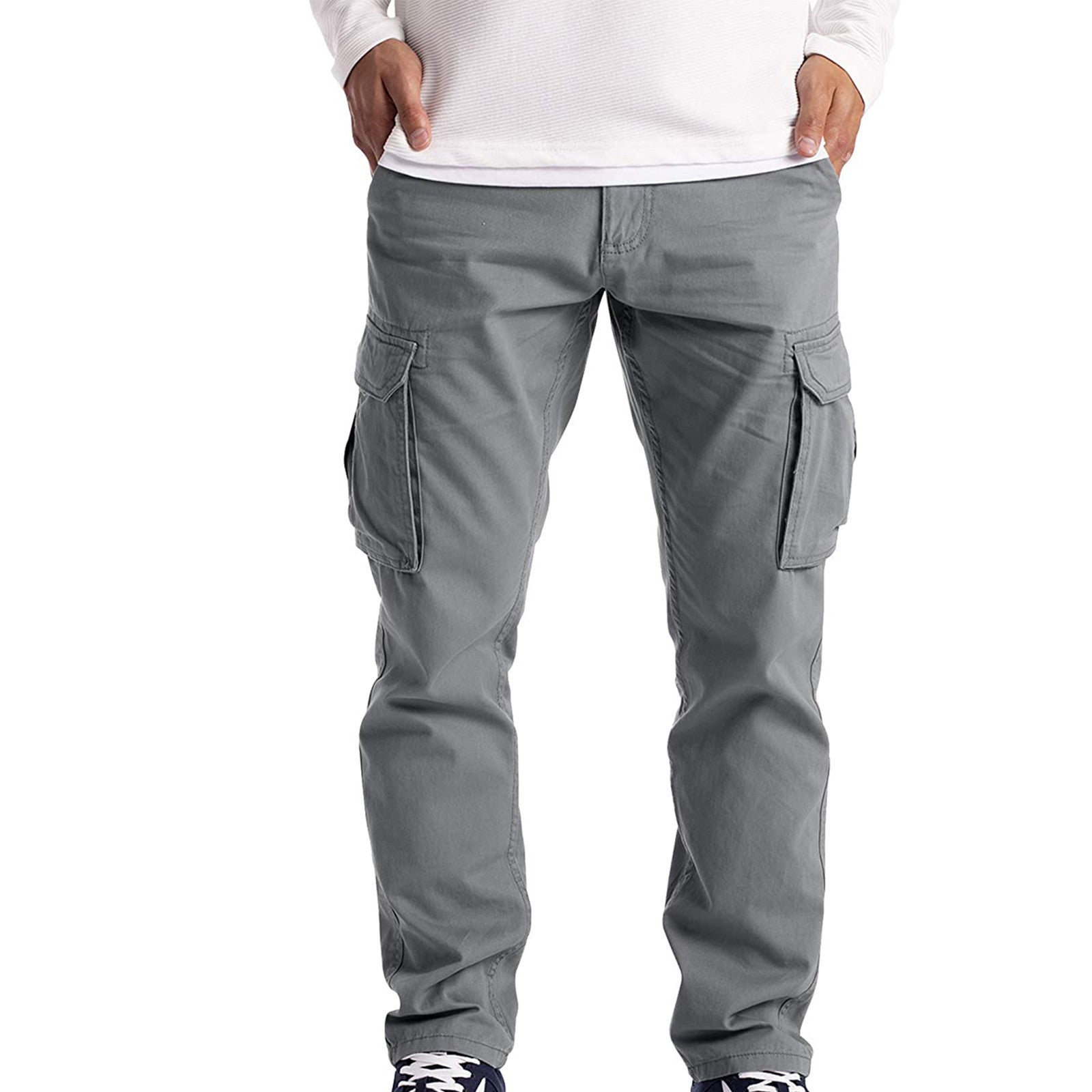 Gray cargo pants worn by a person on a white background