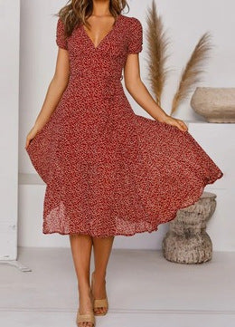 Printed V-Neck Short Sleeve Lace-Up Dress for Women
