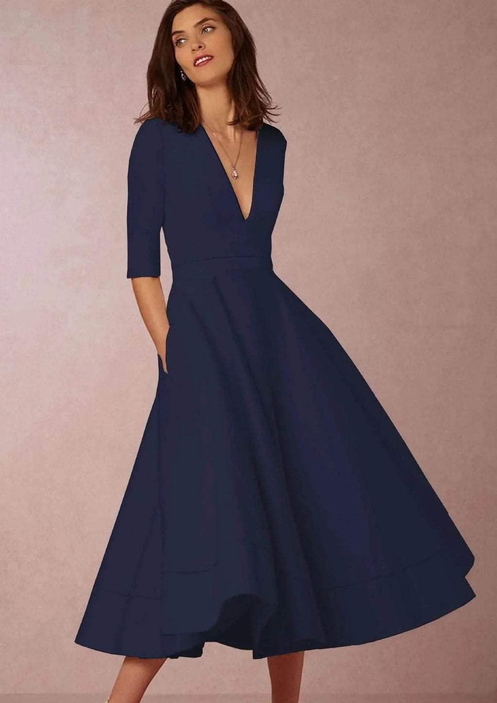 Deep V-Neck Swing Dress – Elegant & Sexy Fit - ZA-Zola