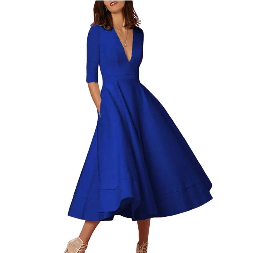 Deep V-Neck Swing Dress – Elegant & Sexy Fit - ZA-Zola