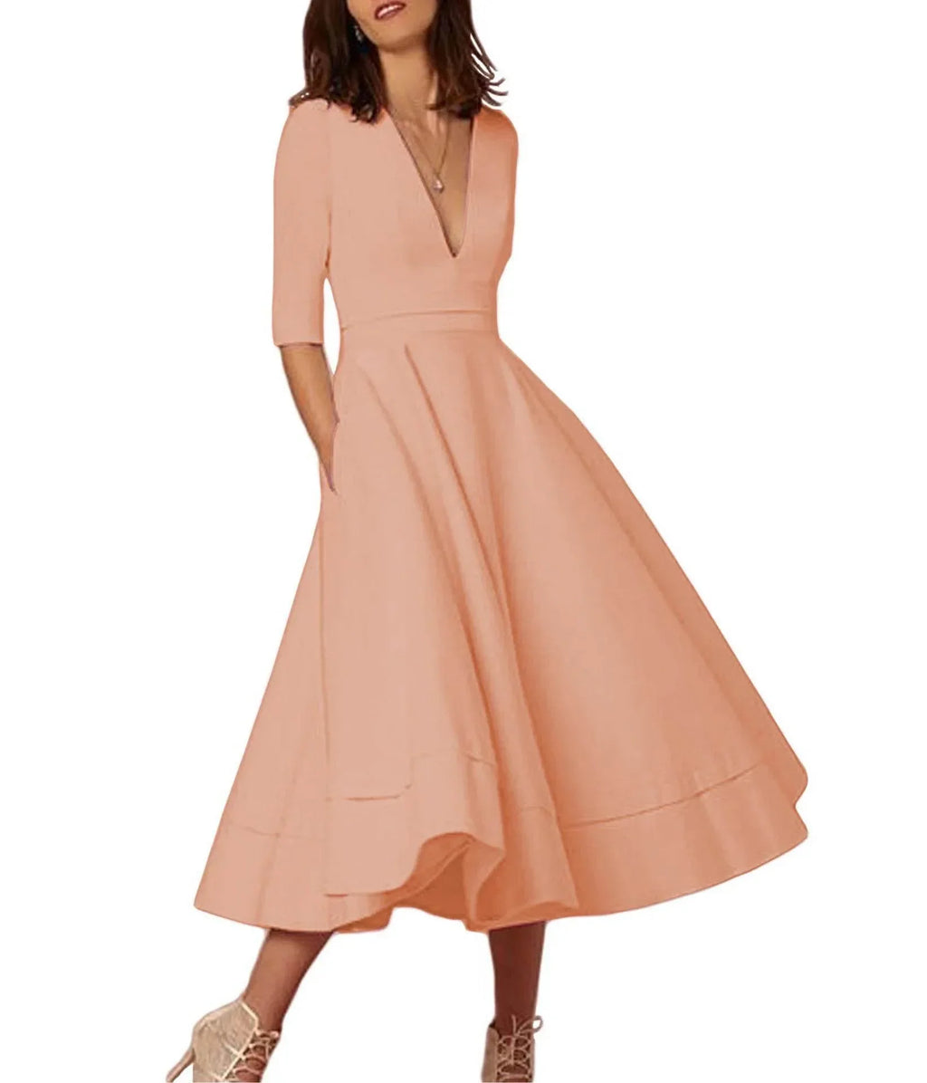Deep V-Neck Swing Dress – Elegant & Sexy Fit - ZA-Zola