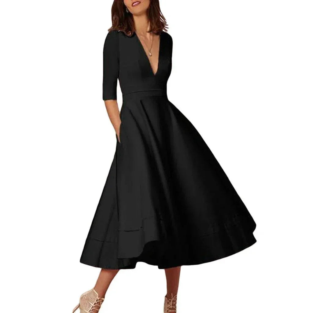Deep V-Neck Swing Dress – Elegant & Sexy Fit - ZA-Zola