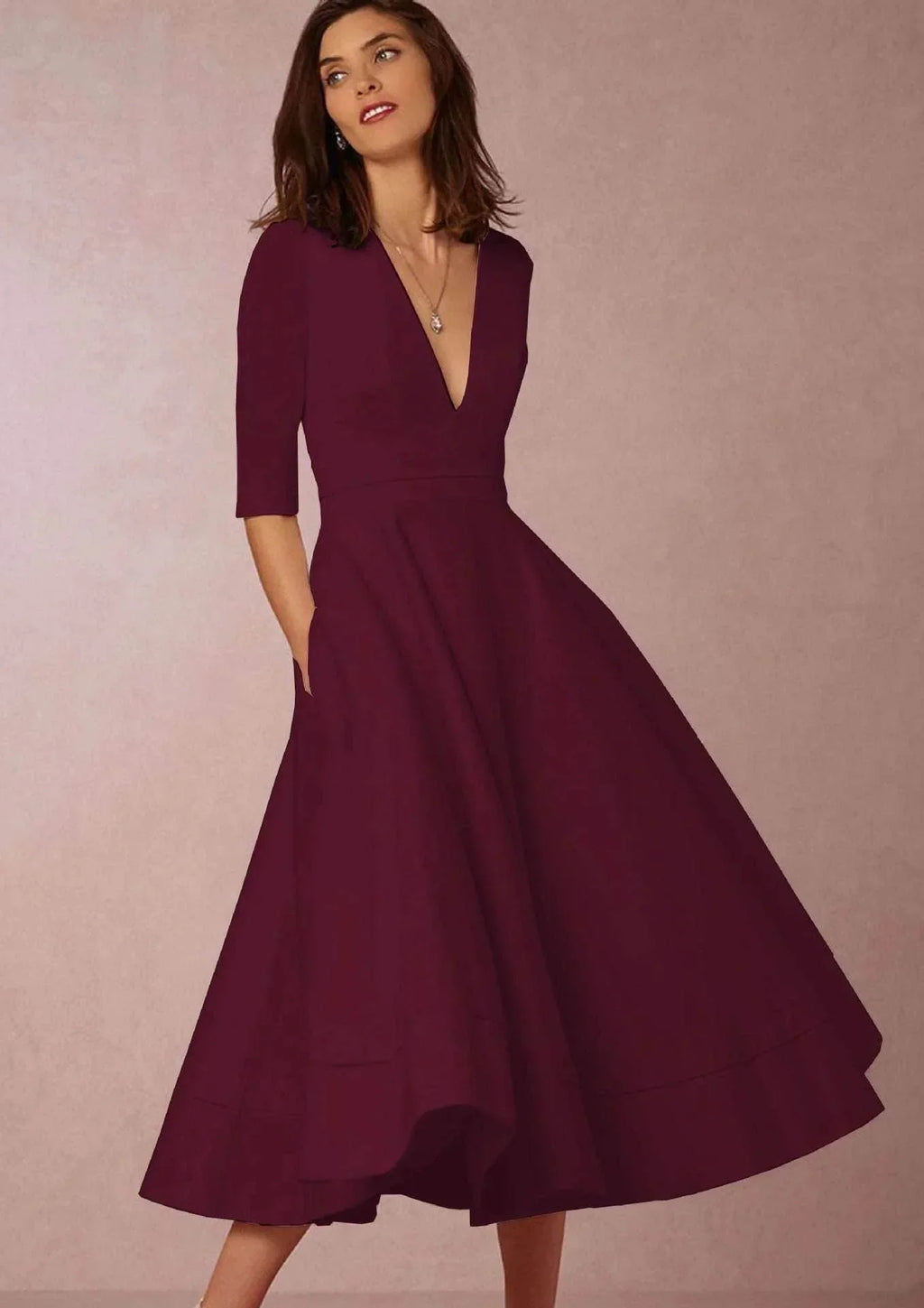 Deep V-Neck Swing Dress – Elegant & Sexy Fit - ZA-Zola