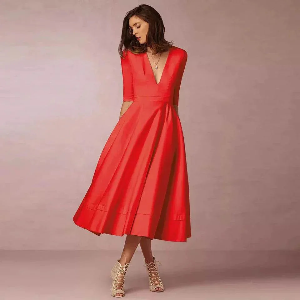 Deep V-Neck Swing Dress – Elegant & Sexy Fit - ZA-Zola
