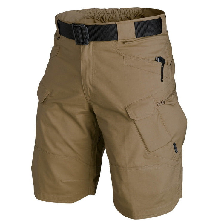 Tan cargo shorts with a black belt on a white background