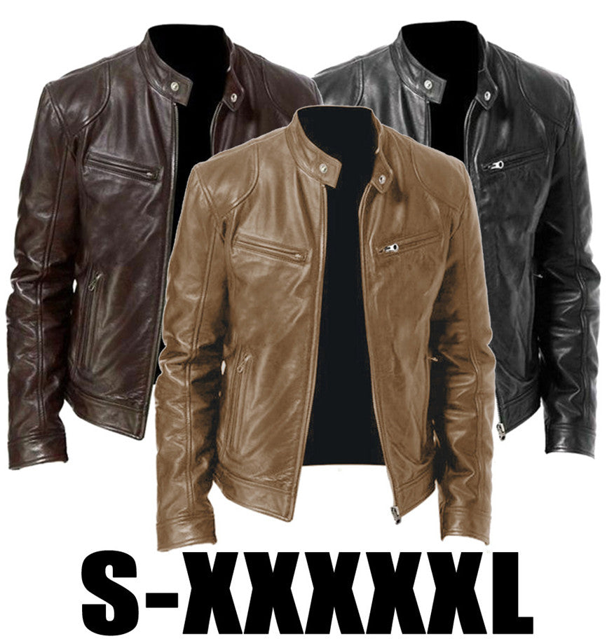Three leather jackets displayed on mannequins with size range S-XXXXL text below.