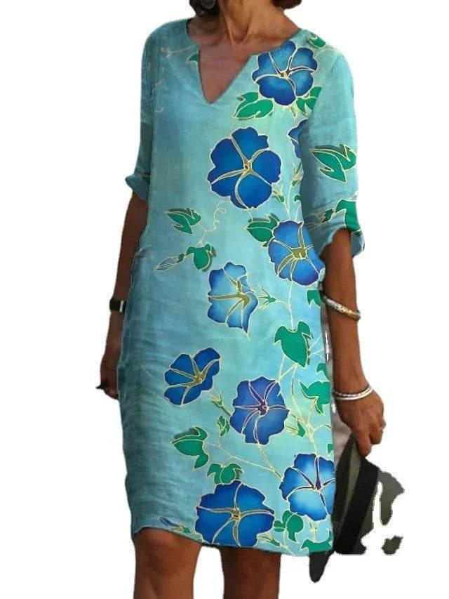Retro Floral V-Neck Dress – Loose & Breezy Style - ZA-Zola