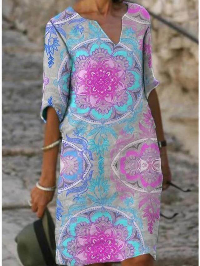 Retro Floral V-Neck Dress – Loose & Breezy Style - ZA-Zola