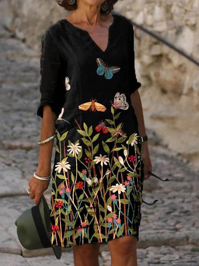 Retro Floral V-Neck Dress – Loose & Breezy Style - ZA-Zola
