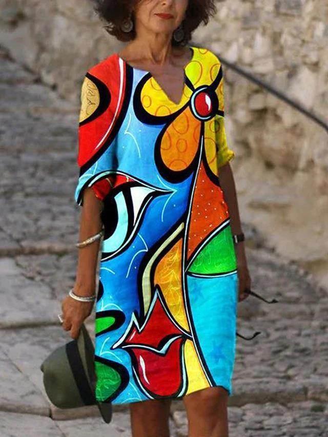 Retro Floral V-Neck Dress – Loose & Breezy Style - ZA-Zola