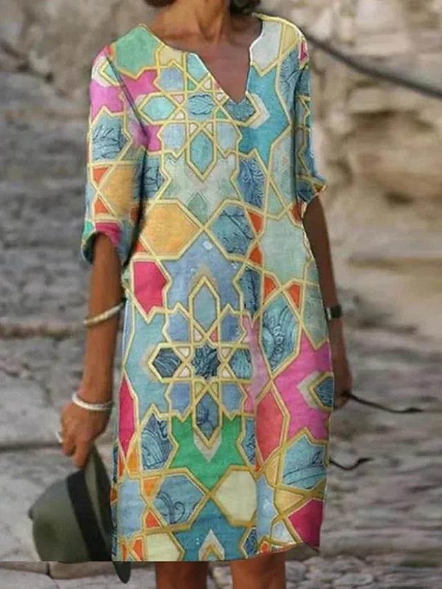 Retro Floral V-Neck Dress – Loose & Breezy Style - ZA-Zola
