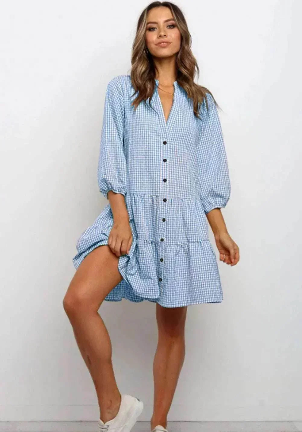 V-Neck Plaid Midi Dress – Summer Style for Women - ZA-Zola