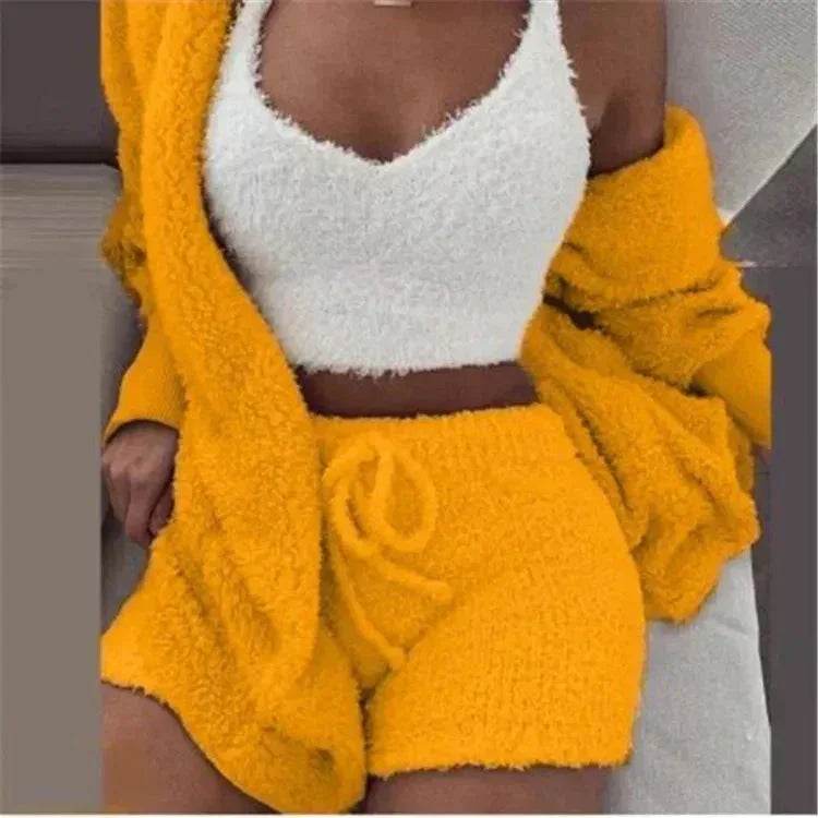 Woman modeling fuzzy yellow loungewear shorts and cardigan with white crop top, ZA-Zola fashion