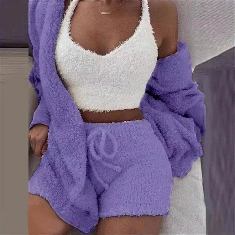 Woman wearing fluffy lavender lounge set with drawstring shorts and white fuzzy tank top, ZA-Zola fashion
