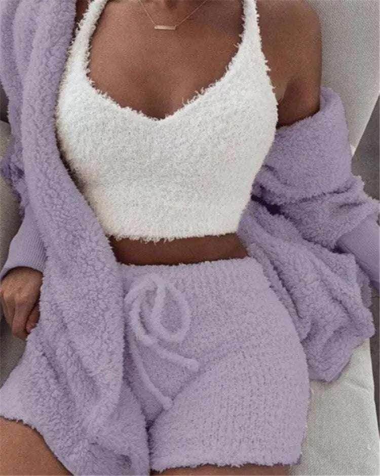 Woman wearing cozy lilac lounge set and white fuzzy crop top, ZA-Zola trendy loungewear style