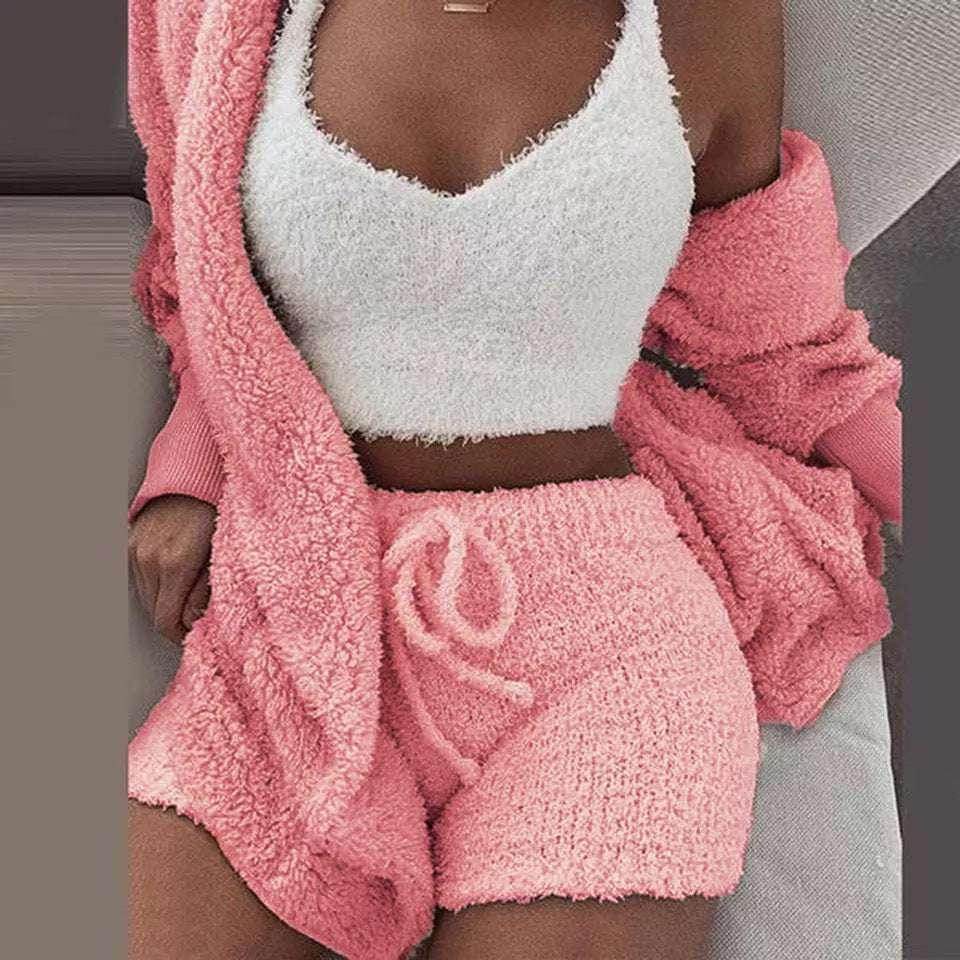 ZA-Zola cozy pink lounge set with fluffy shorts, cardigan, and white crop top