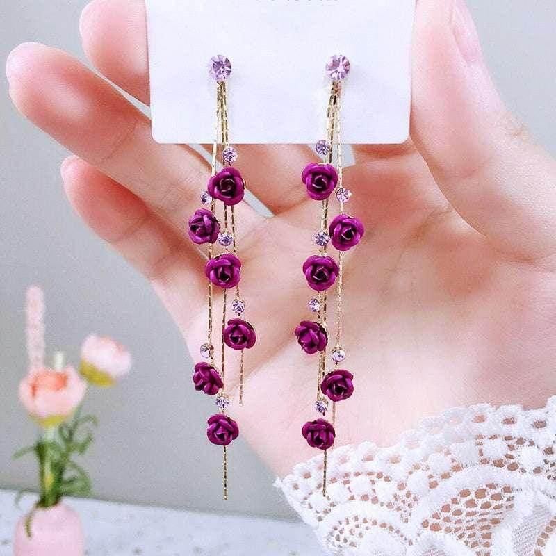 Statement Earrings – Red Rose Tassel Floral Drop - ZA-Zola