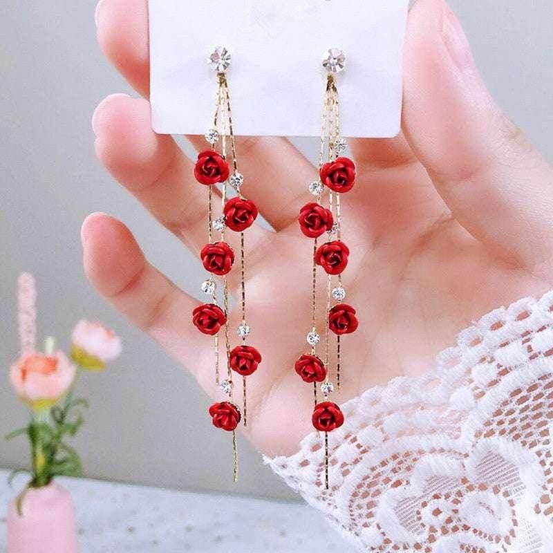 Statement Earrings – Red Rose Tassel Floral Drop - ZA-Zola