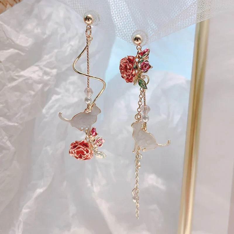 Statement Earrings – Red Rose Tassel Floral Drop - ZA-Zola