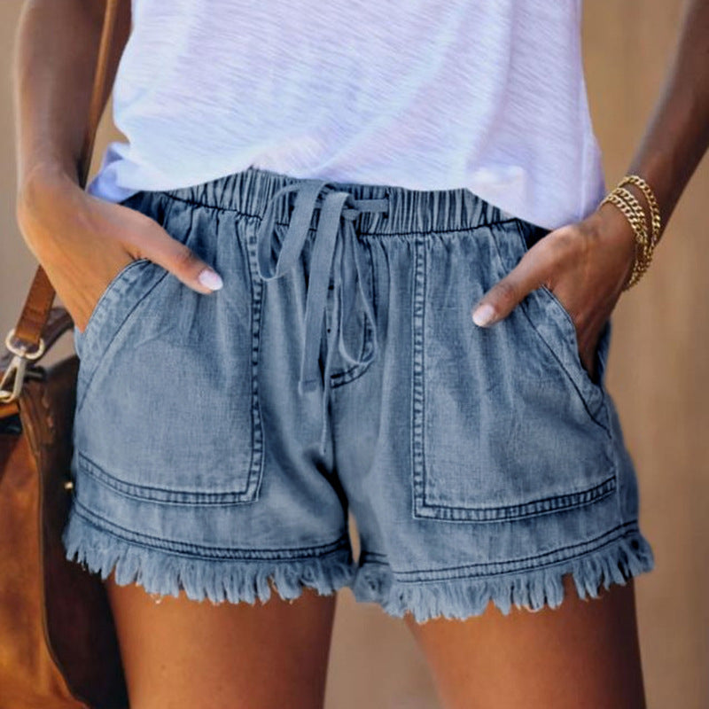 Women's Fringed Denim Shorts Casual Summer Outfit Ideas