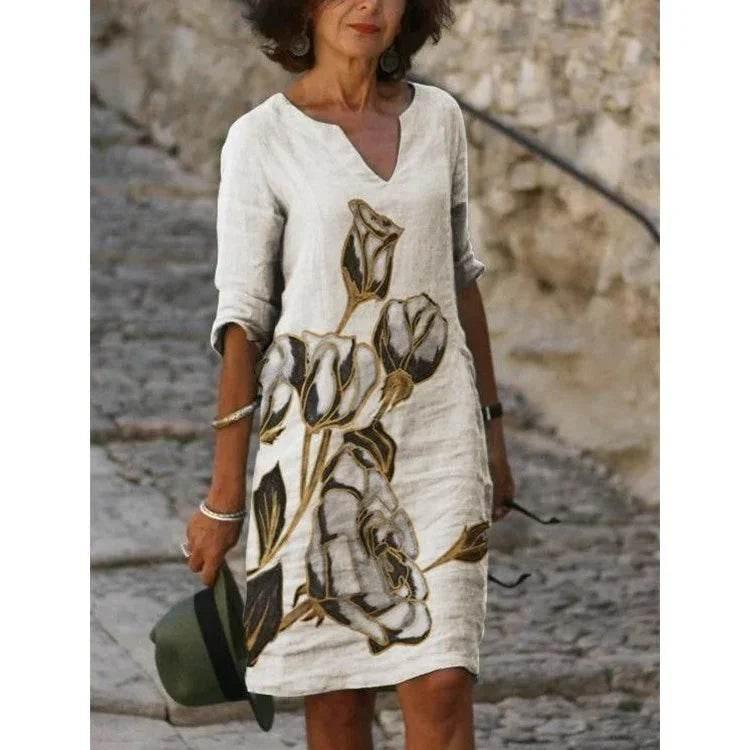 Retro Floral V-Neck Dress – Loose & Breezy Style - ZA-Zola