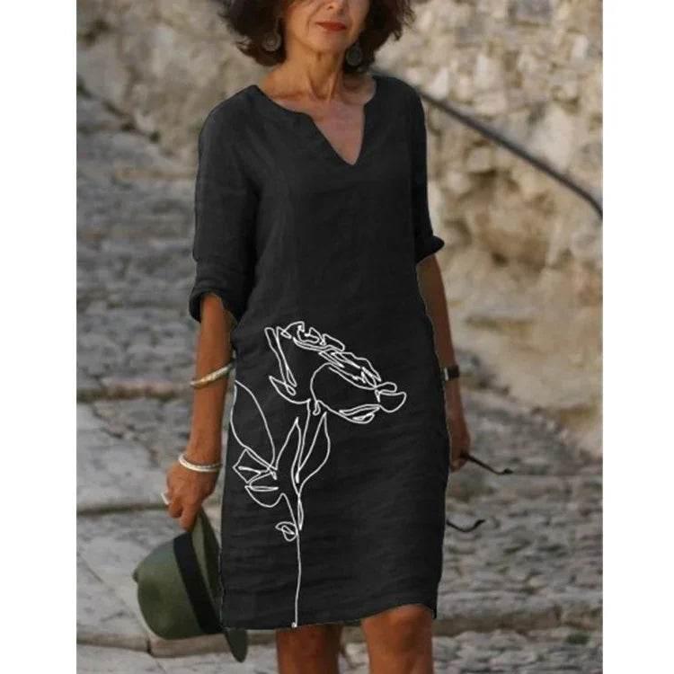Retro Floral V-Neck Dress – Loose & Breezy Style - ZA-Zola