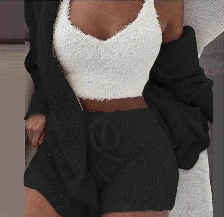 Woman wearing cozy white crop top and black shorts lounge set, ZA-Zola trendy fashion