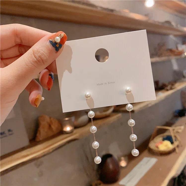 Long Pearl Tassel Earrings – Silver Elegance - ZA-Zola