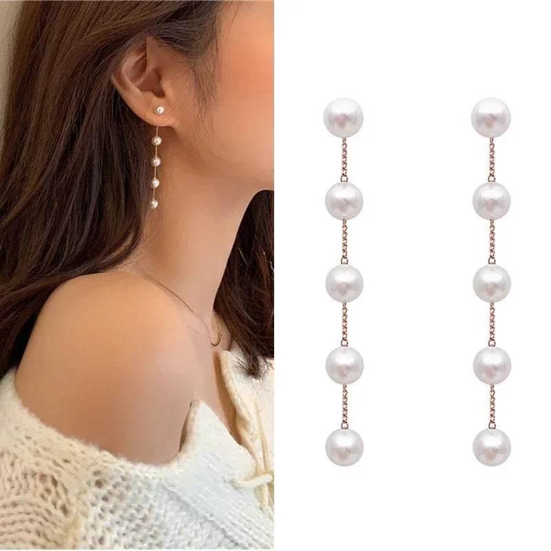 Long Pearl Tassel Earrings – Silver Elegance - ZA-Zola