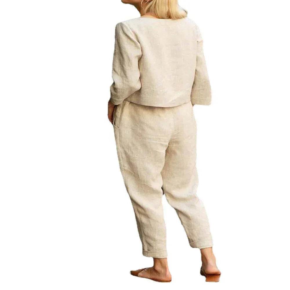 Woman in beige linen lounge set from ZA-Zola, relaxed fit, chic minimalist fashion