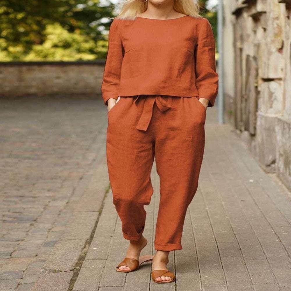 Woman wearing rust orange linen top and matching pants from ZA-Zola, street style fashion