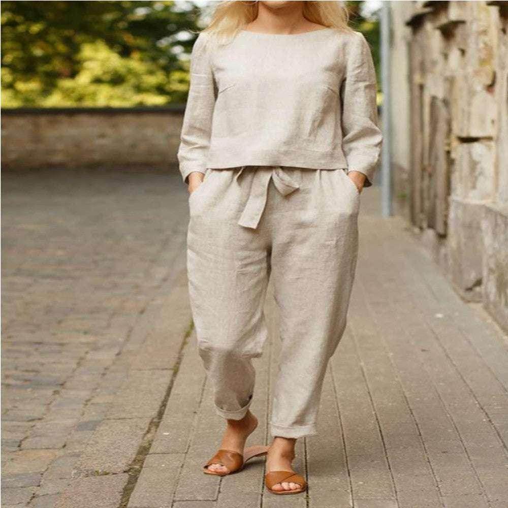 Woman wearing beige linen two-piece outfit and sandals outdoors, ZA-Zola fashion UK