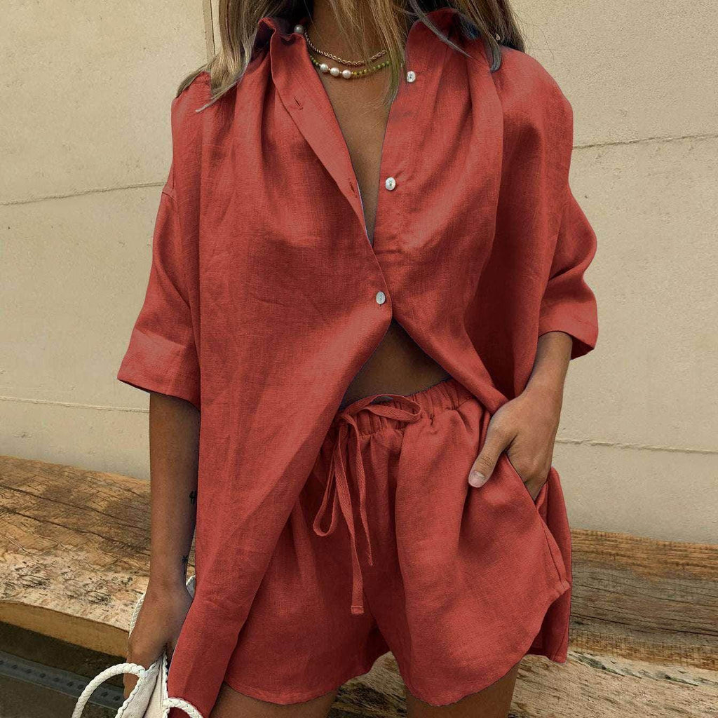 Woman in a trendy rust-red linen shirt and shorts set, ZA-Zola UK fashion