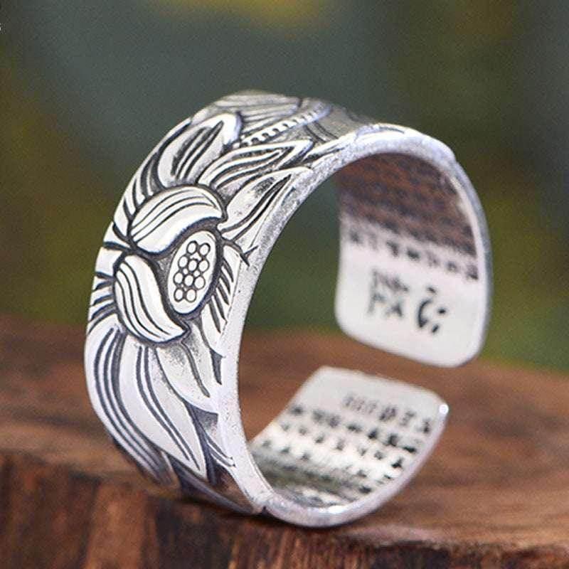 Vintage Heart Sutra Silver-Plated Lotus Ring - ZA-Zola