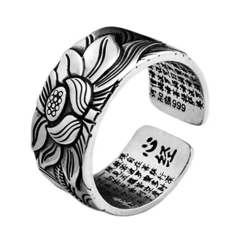 Vintage Heart Sutra Silver-Plated Lotus Ring - ZA-Zola