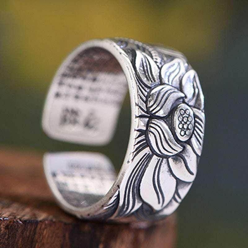 Vintage Heart Sutra Silver-Plated Lotus Ring - ZA-Zola