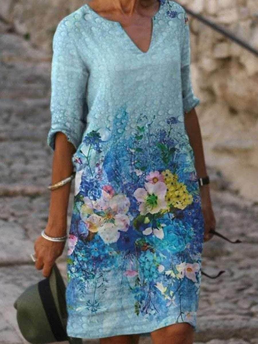 Retro Floral V-Neck Dress – Loose & Breezy Style - ZA-Zola
