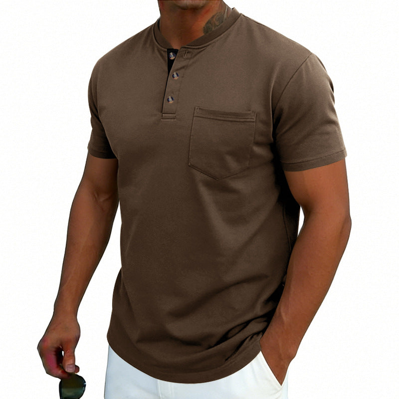 Man wearing a brown short-sleeve shirt with a pocket on a white background
