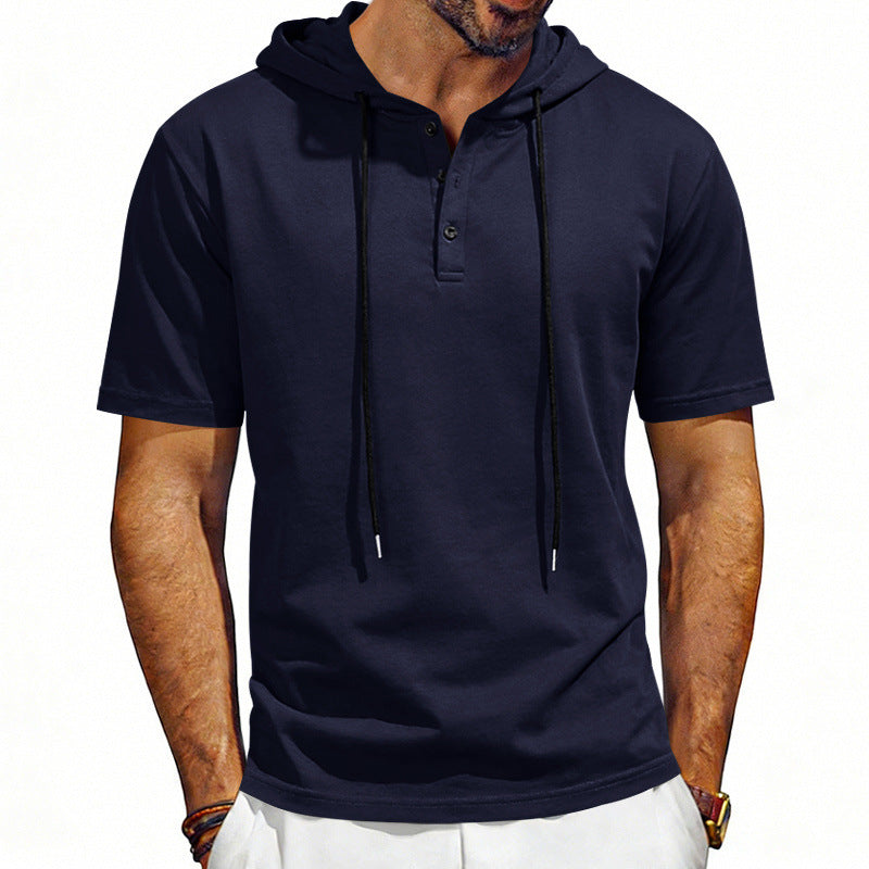 Navy blue short-sleeve hoodie worn by a person on a white background