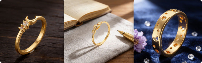 Three gold rings with intricate designs on a wooden surface, book, and dark blue background.