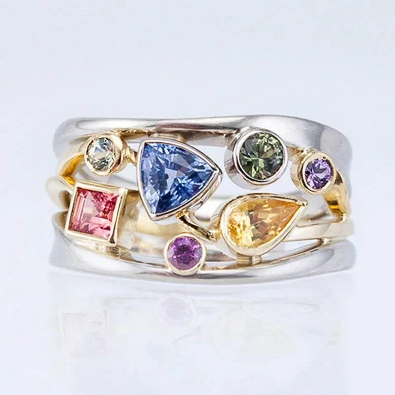 Multicolor Wavy Geometric Zircon Women's Ring - ZA-Zola