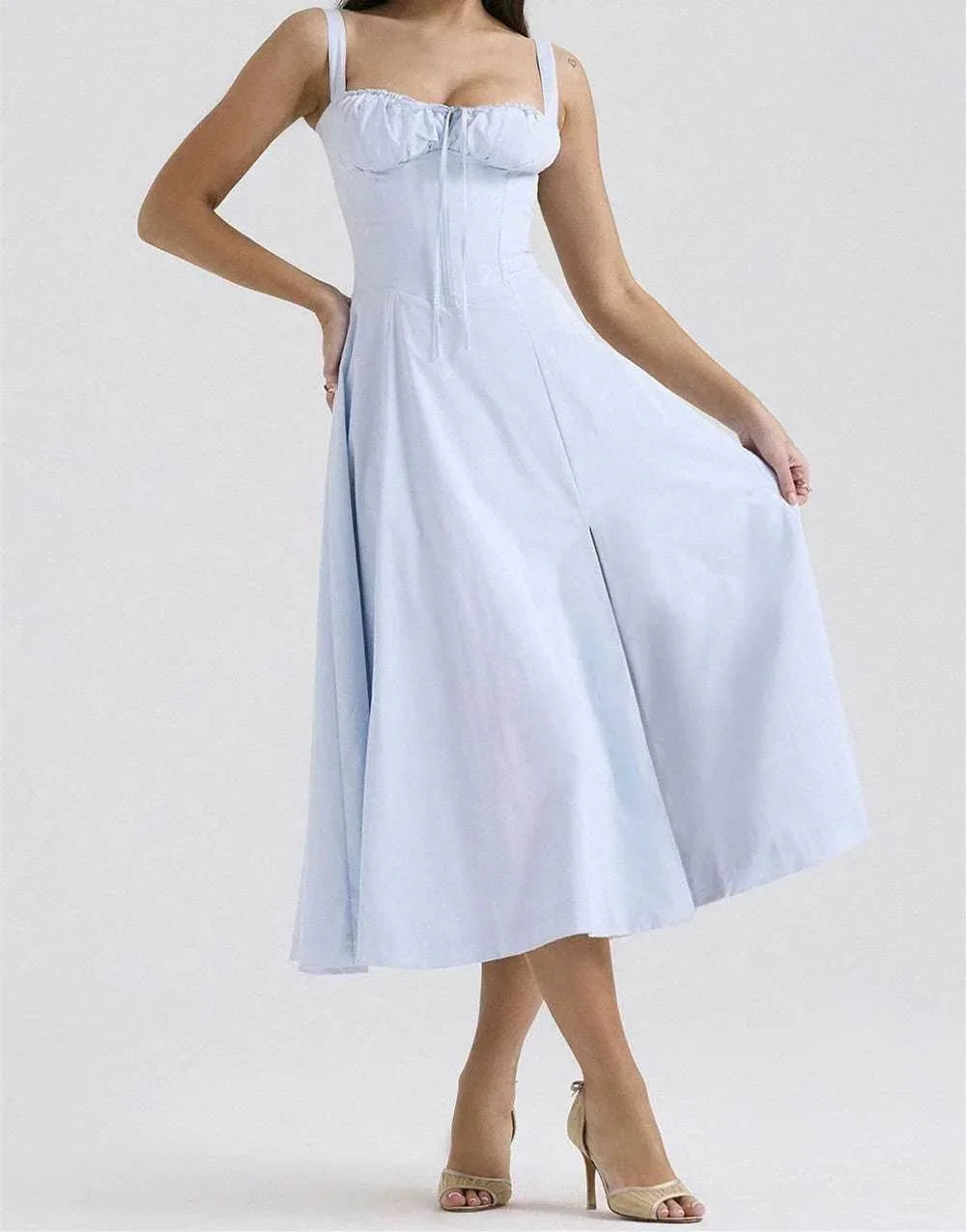 Elegant Lace-Up Mid Dress with Corset & Side Slit - ZA-Zola
