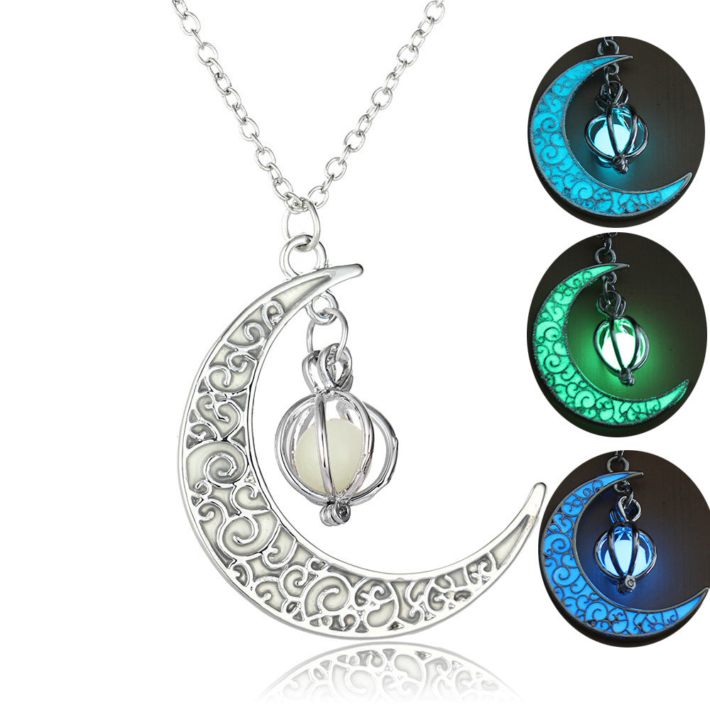Silver crescent moon necklace with a glowing pendant, shown from different angles on a white background.