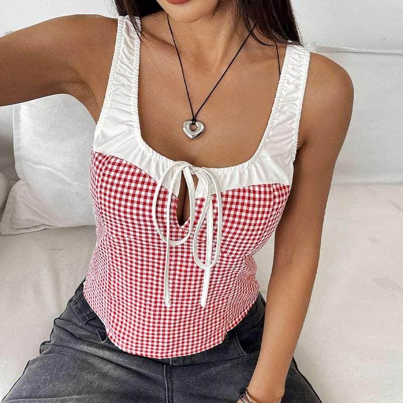 Plaid Lace Stitching Vest – Casual Red Sleeveless - ZA-Zola