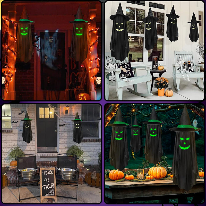 A four-panel collage showing black ghost-and-witch hanging decorations with glowing green faces and hats, displayed in different real-world outdoor and porch settings with pumpkins, chairs, string lights, and a chalkboard sign.
